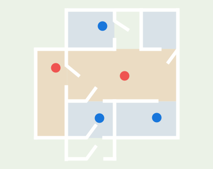 A floorplan of an office showing rooms and sensors